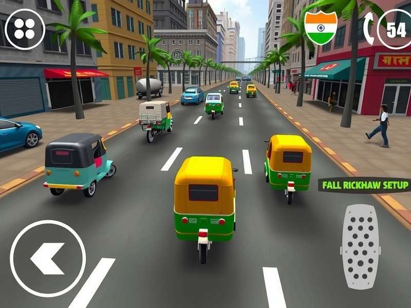 Crossy Rickshaw Race gameplay screenshot showing auto-rickshaws racing through Indian streets